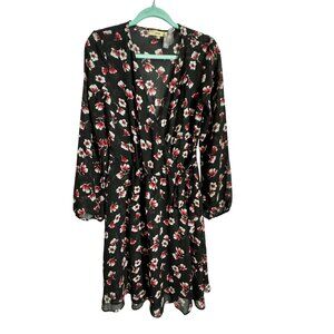 Lark & Ro Black Floral Long Sleeve Dress‎ M Boho NWT Faux Wrap Classic Sexy Cute